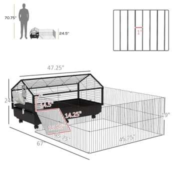 PawHut Small Animal Cage with Foldable Run Area, Rolling Bunny Cage, Guinea Pig Cage, Hedgehog Cage with Water Bottle, Water Bowl, and Ramps, 46.5"