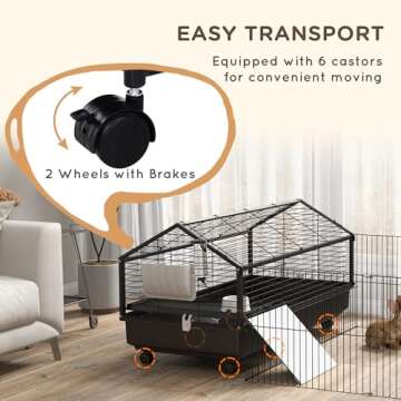 PawHut Small Animal Cage with Foldable Run Area, Rolling Bunny Cage, Guinea Pig Cage, Hedgehog Cage with Water Bottle, Water Bowl, and Ramps, 46.5"