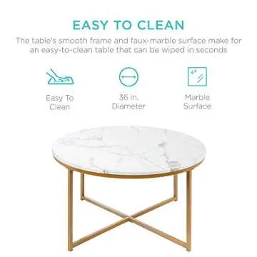 Best Choice Products 36in Faux Marble Accent Table, Modern End Table, Large Coffee Table Home Decor for Living Room, Dining Room, Tea, Coffee w/Metal Frame, Foot Caps, Designer - White/Gold