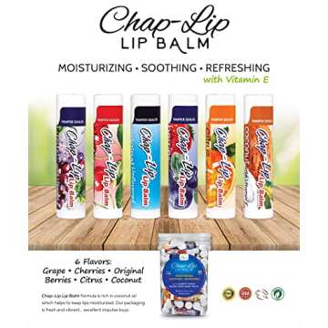 Chap-Lip Lip Balm Vitamin E with Coconut Oil - Lip Moisturizer Treatment - Moisturizing, Soothing, & Refreshing, Total Hydration Treatment & Lip Therapy - Assortment of 6 Refreshing Flavors, 48 Count
