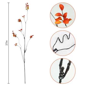 Krissing 3 Pcs Fall Greenery Stems, 37" Tall Fake Fall Stems Plants Artificial Fall Leaves Stems Branches for Vase Indoor Office Desk Home Thanksgiving Table Centerpieces Decor