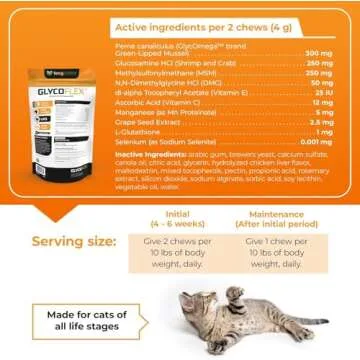 VetriScience GlycoFlex 3, Clinically Proven Joint Support Cat Supplements - Hip and Joint Health Supplement with Glucosamine, MSM, Green Lipped Mussel & DMG - 60 Chews, Chicken Flavorâ€‹