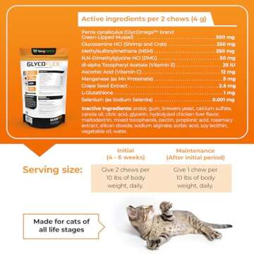 VetriScience GlycoFlex 3, Clinically Proven Joint Support Cat Supplements - Hip and Joint Health Supplement with Glucosamine, MSM, Green Lipped Mussel & DMG - 60 Chews, Chicken Flavorâ€‹