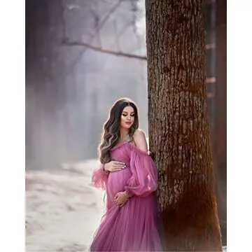 WULIQIAO Burnt Organge Maternity Dresses Winter for Baby Shower Puffy Sleeves Maternity Dress for Photoshoot Pregnancy Dresses for Maternity Photoshoot Gown Size XL