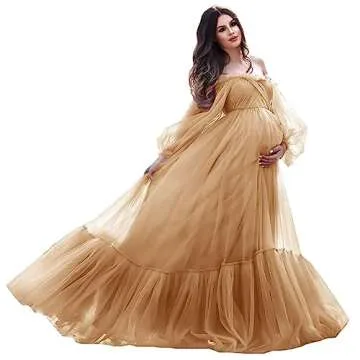 WULIQIAO Burnt Organge Maternity Dresses Winter for Baby Shower Puffy Sleeves Maternity Dress for Photoshoot Pregnancy Dresses for Maternity Photoshoot Gown Size XL