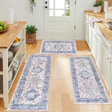 Pauwer Kitchen Rugs Sets of 3 Non Slip Washable Kitchen Mats for Floor Farmhouse Kitchen Floor Mat Runner Rug Boho Kitchen Sink Rug Carpet for Kitchen Hallway Laundry Room, Blue