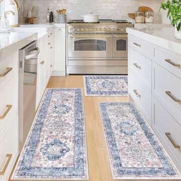 Pauwer Kitchen Rugs Sets of 3 Non Slip Washable Kitchen Mats for Floor Farmhouse Kitchen Floor Mat Runner Rug Boho Kitchen Sink Rug Carpet for Kitchen Hallway Laundry Room, Blue