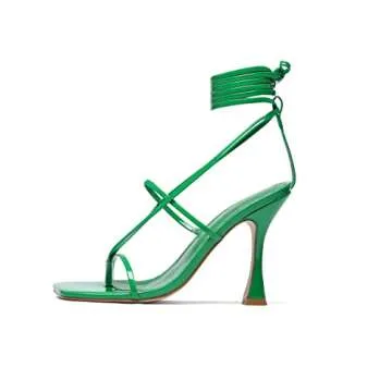 vivianly Women's Strappy Lace Up Thong Heels Sandals Square Open Toe Stiletto High Heel Wedding Dress Shoes Green Size 9