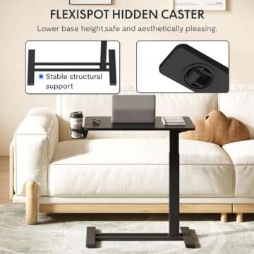 FLEXISPOT Adjustable Overbed Bedside Table with Wheels Pneumatic Mobile Standing Desk Laptop Desk Rolling Computer Cart Movable Overbed Table Hospital Home Use(27.6" W x 15.7" D, Black Table)