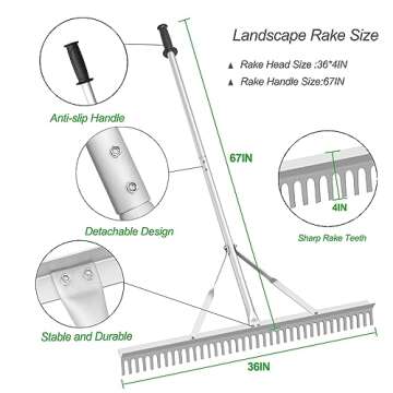 Landscape Rake 36 Inch Head, Leaf Rakes for Lawns with 67 Inch Handle,Aluminum Yard Rake Tool for Loosening Soil, Landscaping Lawn Care , Lake Garden Pond and Beach Care