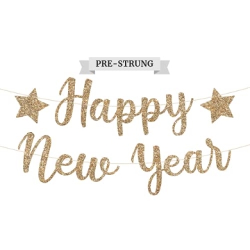PreStrung Happy New Year Banner NO DIY Gold Glitter New Years Eve Party Banner in Script PreStrung G...