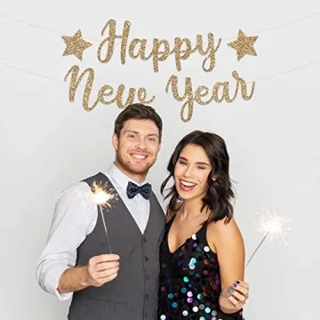 PreStrung Happy New Year Banner NO DIY Gold Glitter New Years Eve Party Banner in Script PreStrung Garland on 6 ft Strands Gold 2023 New Years Eve Party Supplies & Decorations & Decor. Did