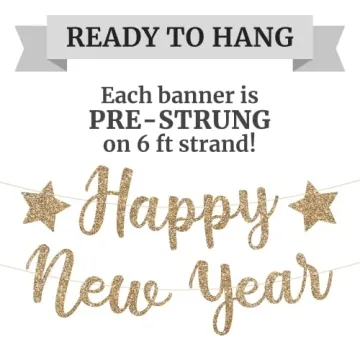 PreStrung Happy New Year Banner NO DIY Gold Glitter New Years Eve Party Banner in Script PreStrung Garland on 6 ft Strands Gold 2023 New Years Eve Party Supplies & Decorations & Decor. Did