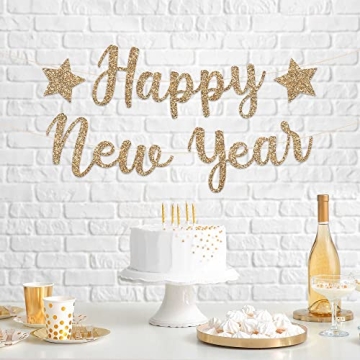 PreStrung Happy New Year Banner NO DIY Gold Glitter New Years Eve Party Banner in Script PreStrung Garland on 6 ft Strands Gold 2023 New Years Eve Party Supplies & Decorations & Decor. Did