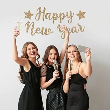 PreStrung Happy New Year Banner NO DIY Gold Glitter New Years Eve Party Banner in Script PreStrung Garland on 6 ft Strands Gold 2023 New Years Eve Party Supplies & Decorations & Decor. Did