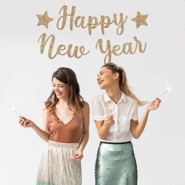 PreStrung Happy New Year Banner NO DIY Gold Glitter New Years Eve Party Banner in Script PreStrung Garland on 6 ft Strands Gold 2023 New Years Eve Party Supplies & Decorations & Decor. Did
