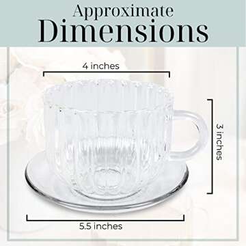 Pretty Please Home Borosilicate Glass Modern Ribbed Tea Cup and Saucer with Convenient Solid Handle Flame Proof Microwave Proof Transparent Glass Set for Tea, Coffee, Hot, and Cold Drinks (2 count)