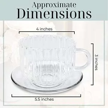 Pretty Please Home Borosilicate Glass Modern Ribbed Tea Cup and Saucer with Convenient Solid Handle Flame Proof Microwave Proof Transparent Glass Set for Tea, Coffee, Hot, and Cold Drinks (2 count)
