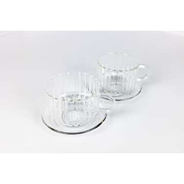 Pretty Please Home Borosilicate Glass Modern Ribbed Tea Cup and Saucer with Convenient Solid Handle Flame Proof Microwave Proof Transparent Glass Set for Tea, Coffee, Hot, and Cold Drinks (2 count)