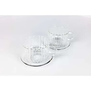 Pretty Please Home Borosilicate Glass Modern Ribbed Tea Cup and Saucer with Convenient Solid Handle Flame Proof Microwave Proof Transparent Glass Set for Tea, Coffee, Hot, and Cold Drinks (2 count)