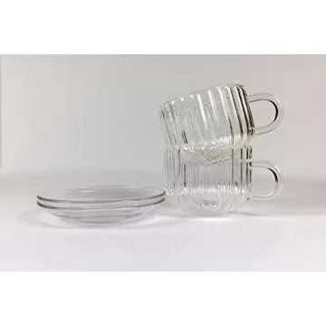 Pretty Please Home Borosilicate Glass Modern Ribbed Tea Cup and Saucer with Convenient Solid Handle Flame Proof Microwave Proof Transparent Glass Set for Tea, Coffee, Hot, and Cold Drinks (2 count)