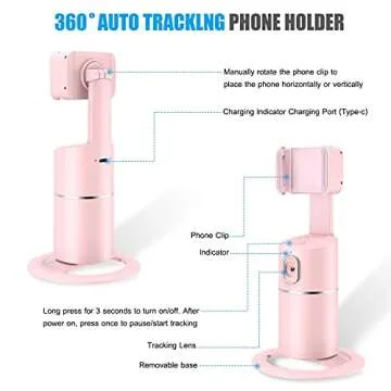 Auto Face Tracking Tripod for TIK Tok Vlog, No App Required, 360° Rotation Face Body Track Selfie Stick Phone Camera Mount, Rechargeable Smart Shooting Holder for Live Videos, YouTube (Pink)