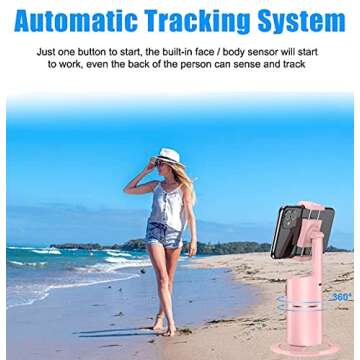 Auto Face Tracking Tripod for TIK Tok Vlog, No App Required, 360° Rotation Face Body Track Selfie Stick Phone Camera Mount, Rechargeable Smart Shooting Holder for Live Videos, YouTube (Pink)