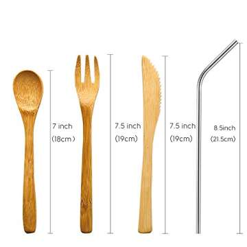 Natural Bamboo To Go Travel Cutlery Set- Washable Reusable Utensils, 7.5 inch Bamboo Spoon Fork Knif...