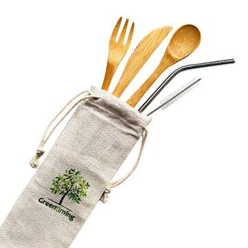 Natural Bamboo To Go Travel Cutlery Set- Washable Reusable Utensils, 7.5 inch Bamboo Spoon Fork Knife with Metal Straw, Cleaning Brush Carry Pouch, Eco-Friendly Camping Flatware Kit