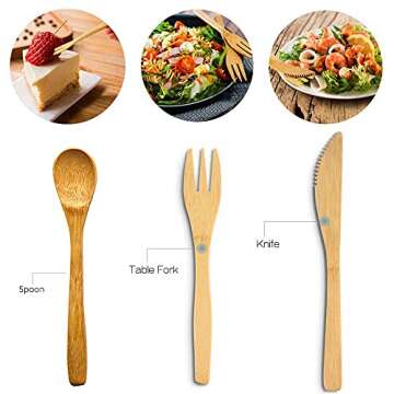 Natural Bamboo To Go Travel Cutlery Set- Washable Reusable Utensils, 7.5 inch Bamboo Spoon Fork Knife with Metal Straw, Cleaning Brush Carry Pouch, Eco-Friendly Camping Flatware Kit