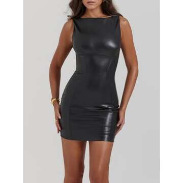 Zebaexf Women's Faux PU Leather Bodycon Mini Dress - Sexy Boatneck Tank Style - Mini Evening Bodycon Black S