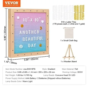 VEVOR Gradient Felt Letter Board, 10"x10" Felt Message Board, Changeable Sign Boards with 510 Letters, Stand, and Built-in LED Lights, Baby Announcement Sign for Home Classroom Office Decor Wedding
