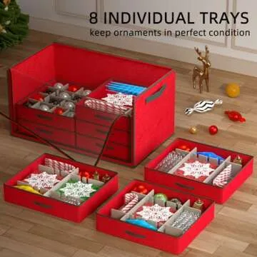 Dicasser Christmas Ornament Storage with 8 Tray Dividers-Adjustable for 128-3” 72-4” 32-6” Holiday Ornaments, Fit Many Sizes Ornaments