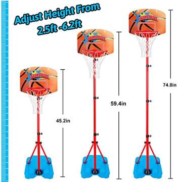 Toddler Basketball Hoop Stand Adjustable Height 2.5 ft -6.2 ft Indoor Basketball Goal Toy with Ball ...