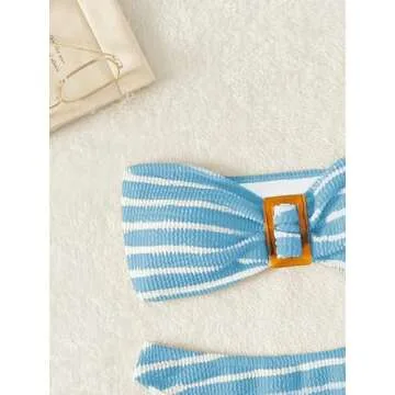 GORGLITTER Women's 2 Piece Strapless Swimsuit Striped Bandeau High Waisted Thong Bikini Set Bathing Suit Light Blue