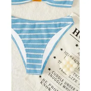 GORGLITTER Women's 2 Piece Strapless Swimsuit Striped Bandeau High Waisted Thong Bikini Set Bathing Suit Light Blue