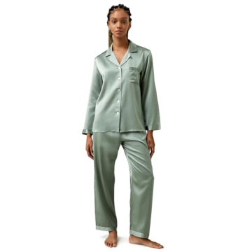 LilySilk Silk Pajamas Set 100% Mulberry Silk 22 Momme Long Sleeve & Wide Trouser-Leg Pants