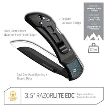 OUTDOOR EDGE 3.5" RazorLite EDC Knife. Pocket Knife with Replaceable Blades and Clip. The Perfect Hunting Knife for Skinning Deer. Gray with 6 Blades