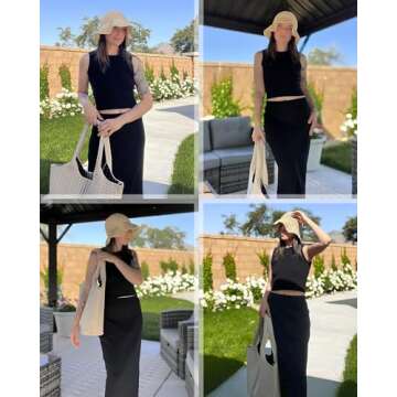 Arach&Cloz Womens 2025 Sweater Bodycon Dresses Summer Vacation Beach Outfits Two Piece Sets Tank Top and Midi Skirt Knit Suits (Black,S)