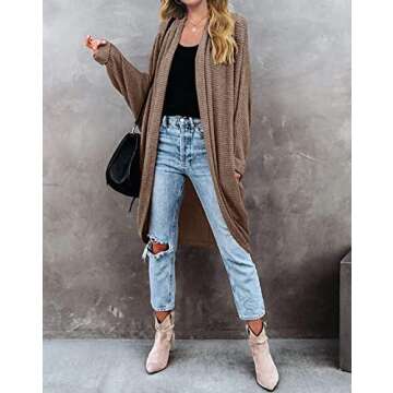 MEROKEETY Women's 2024 Fall Waffle Knit Batwing Long Sleeve Cardigan Loose Open Front Sweater Coat, Brown, Large