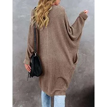 MEROKEETY Women's 2024 Fall Waffle Knit Batwing Long Sleeve Cardigan Loose Open Front Sweater Coat, Brown, Large