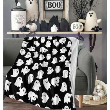ubnlkto Halloween Throw Blankets Funny Ghost Cute Halloween Spooky Black and White Throw Blanket Lightweight Cozy Flannel Blanket for Couch Sofa Bed Home Decorations 50"X40"