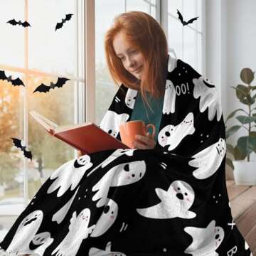 ubnlkto Halloween Throw Blankets Funny Ghost Cute Halloween Spooky Black and White Throw Blanket Lightweight Cozy Flannel Blanket for Couch Sofa Bed Home Decorations 50"X40"