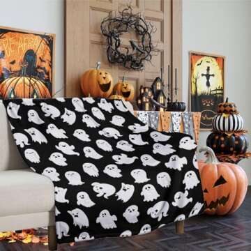 ubnlkto Halloween Throw Blankets Funny Ghost Cute Halloween Spooky Black and White Throw Blanket Lightweight Cozy Flannel Blanket for Couch Sofa Bed Home Decorations 50"X40"