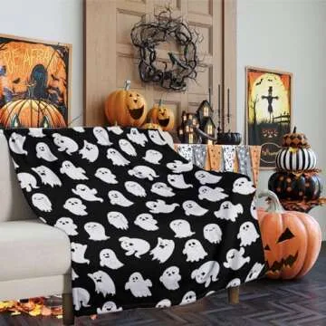 ubnlkto Halloween Throw Blankets Funny Ghost Cute Halloween Spooky Black and White Throw Blanket Lightweight Cozy Flannel Blanket for Couch Sofa Bed Home Decorations 50"X40"