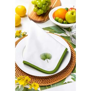 Hofdeco Premium Coastal Cotton Cloth Napkins Set of 4, 20”x20” Washable Dinner Napkins for Beach House Decor, Green Embroidered Palm Leaf