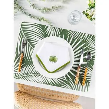 Hofdeco Premium Coastal Cotton Cloth Napkins Set of 4, 20”x20” Washable Dinner Napkins for Beach House Decor, Green Embroidered Palm Leaf