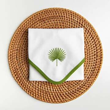 Hofdeco Premium Coastal Cotton Cloth Napkins Set of 4, 20”x20” Washable Dinner Napkins for Beach House Decor, Green Embroidered Palm Leaf