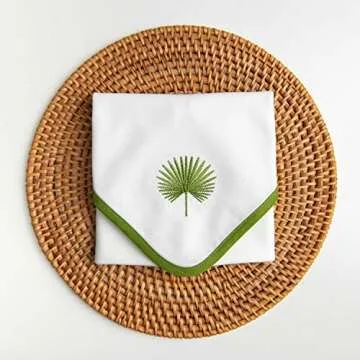Hofdeco Premium Coastal Cotton Cloth Napkins Set of 4, 20”x20” Washable Dinner Napkins for Beach House Decor, Green Embroidered Palm Leaf