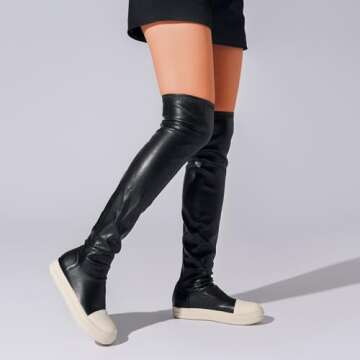 MOFEEDOUKA Thigh High Boots for Women Flat Over The Knee Round Toe Booties